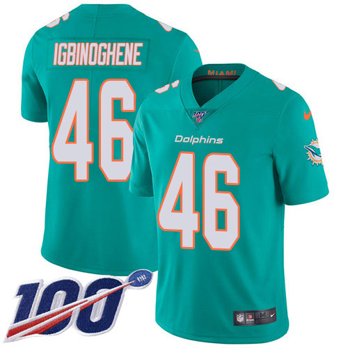 Nike Miami Dolphins 46 Noah Igbinoghene Aqua Green Team Color Youth Stitched NFL 100th Season Vapor Untouchable Limited Jersey